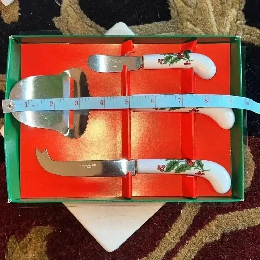 Vintage Holiday Holly Berry 3 Piece Cheese Set Stainless Steel Made In Japan